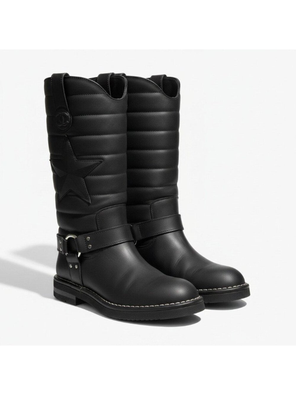 Chanel G7 Engineer Boots Star Motif Quilted Leather Black